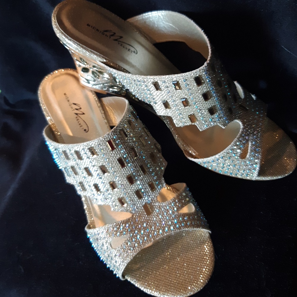 Midinight Velvet Gold, Bedazzled, Open-Toed Heels